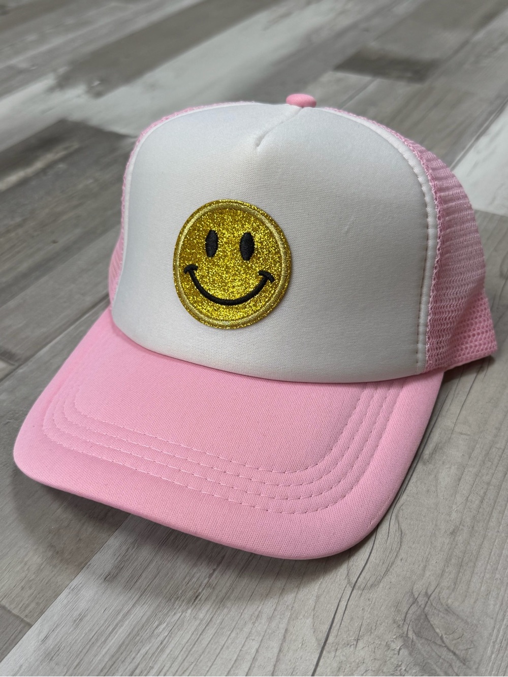 Pink and White Trucker Hat with Glitter Smile Patch